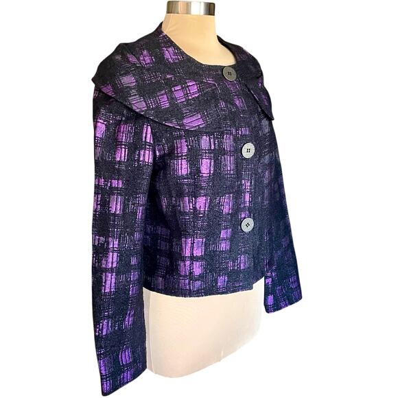Samuel Dong Purple Shimmer Black Plaid Cropped Blazer Shawl Collar Sz XL Career - Picture 3 of 11